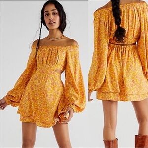 Free People Jael Floral Off Shoulder Cutout Mini Dress Golden Combo Size XS